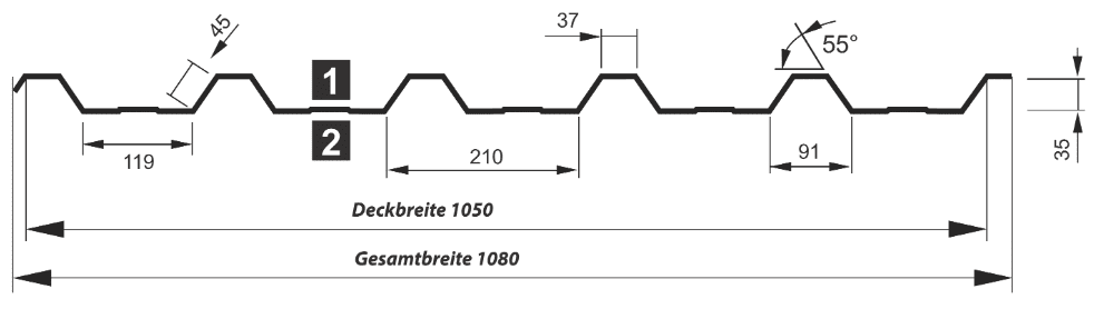 Trapezblech Dach 35-210 – T35DR - Technische Zeichnung