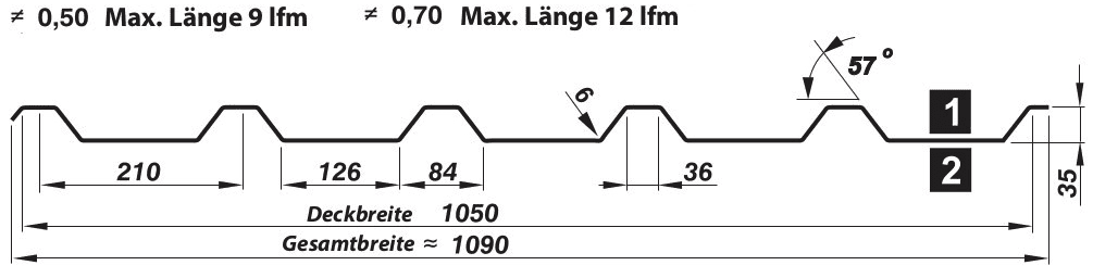 Trapezblech Dach 35-210 – T35E - Technische Zeichnung