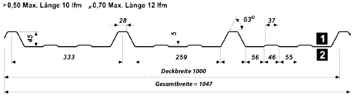 Trapezblech Dach 40-266 – T45P - Technische Zeichnung