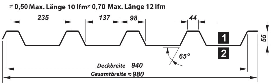 Trapezblech Dach 55-235 – T55P - Technische Zeichnung