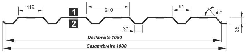 Trapezblech Wand 35-210 – T35DR - Technische Zeichnung