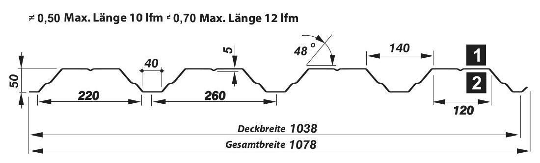 Trapezblech Wand 40-260 – T40 - Technische Zeichnung